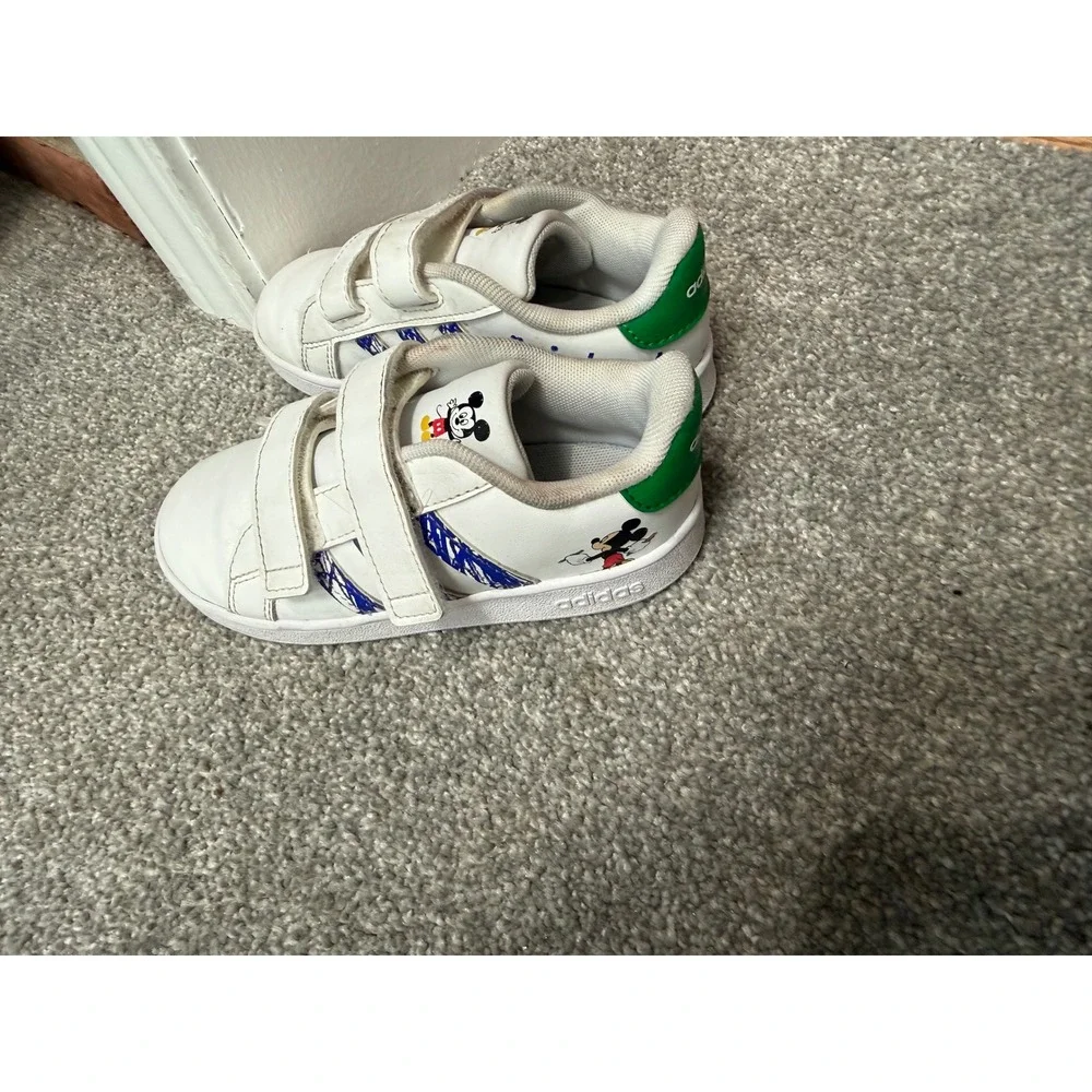 Adidas Grand Court Mickey Mouse Kids Sneakers White Blue Green Size 10K